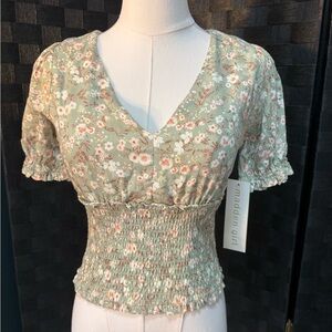 Madden Girl Sage Green Floral Smocked V-Neck Top